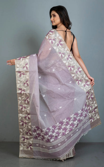 Cotton Jamdani Saree in Lilac with Tussar Silk Woven Lotus Border.