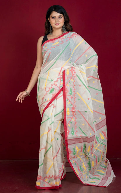 Pure Cotton Jamdani Saree in Off White, Red and Green.