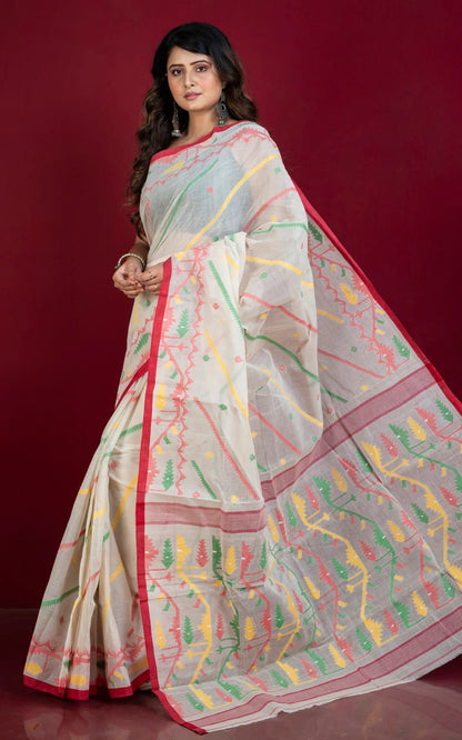 Pure Cotton Jamdani Saree in Off White, Red and Green.