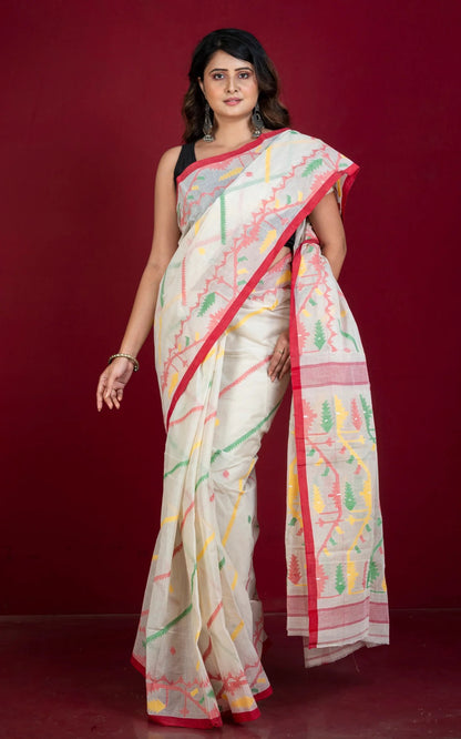 Pure Cotton Jamdani Saree in Off White, Red and Green.