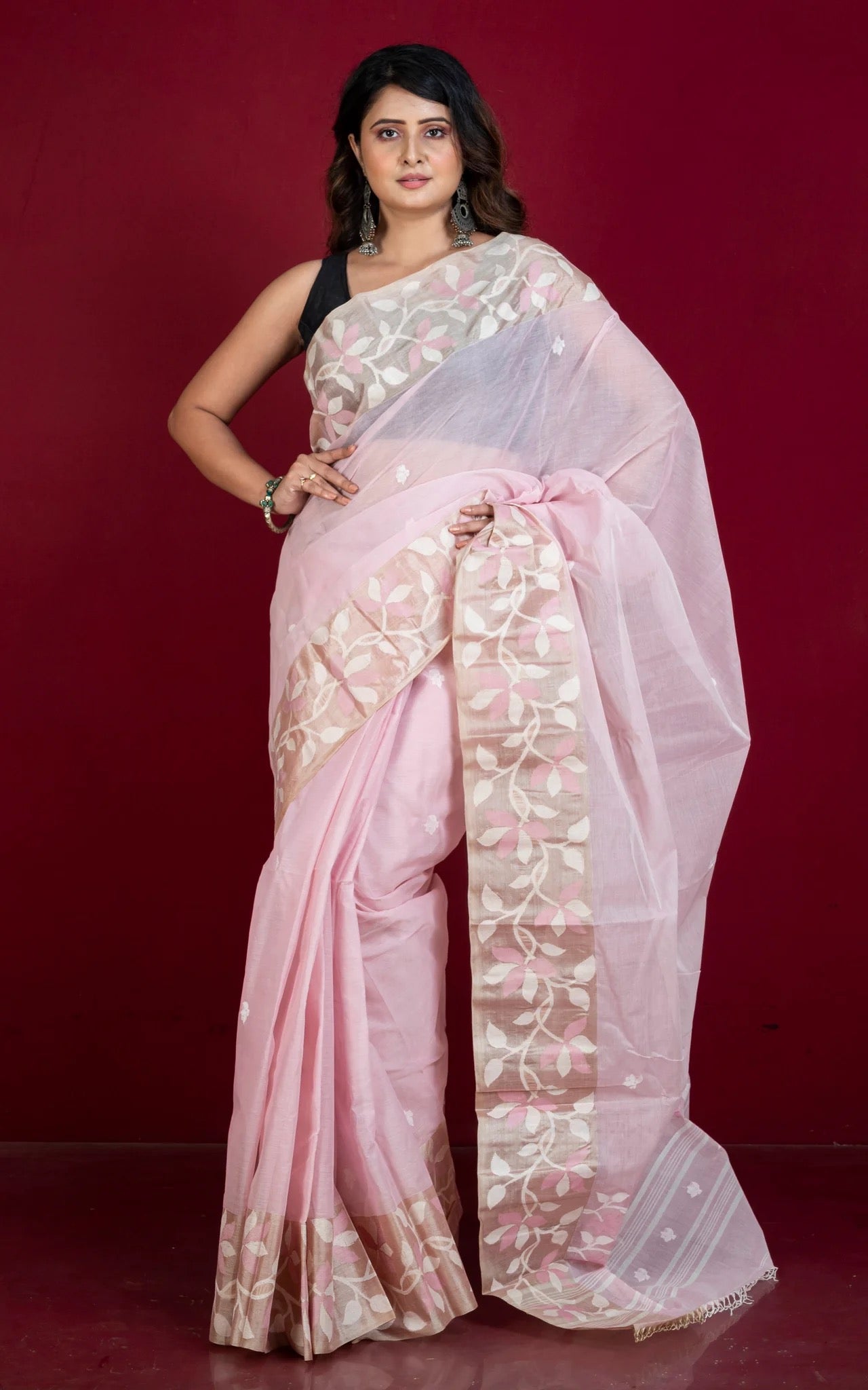 Cotton Jamdani Saree in Baby Pink with Tussar Silk Woven Lotus Border.