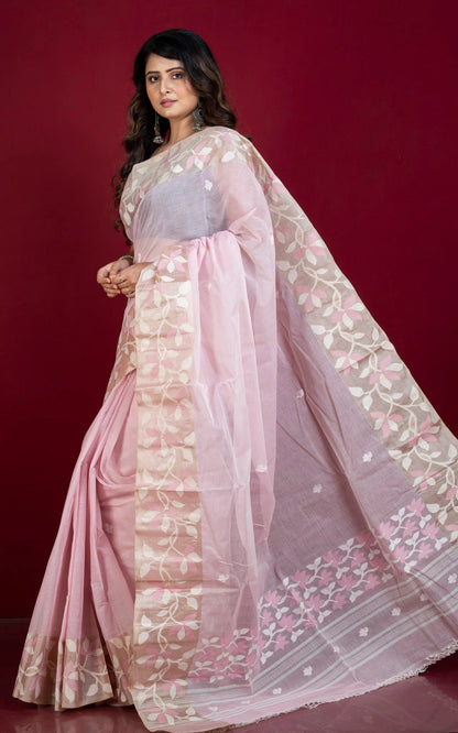 Cotton Jamdani Saree in Baby Pink with Tussar Silk Woven Lotus Border.