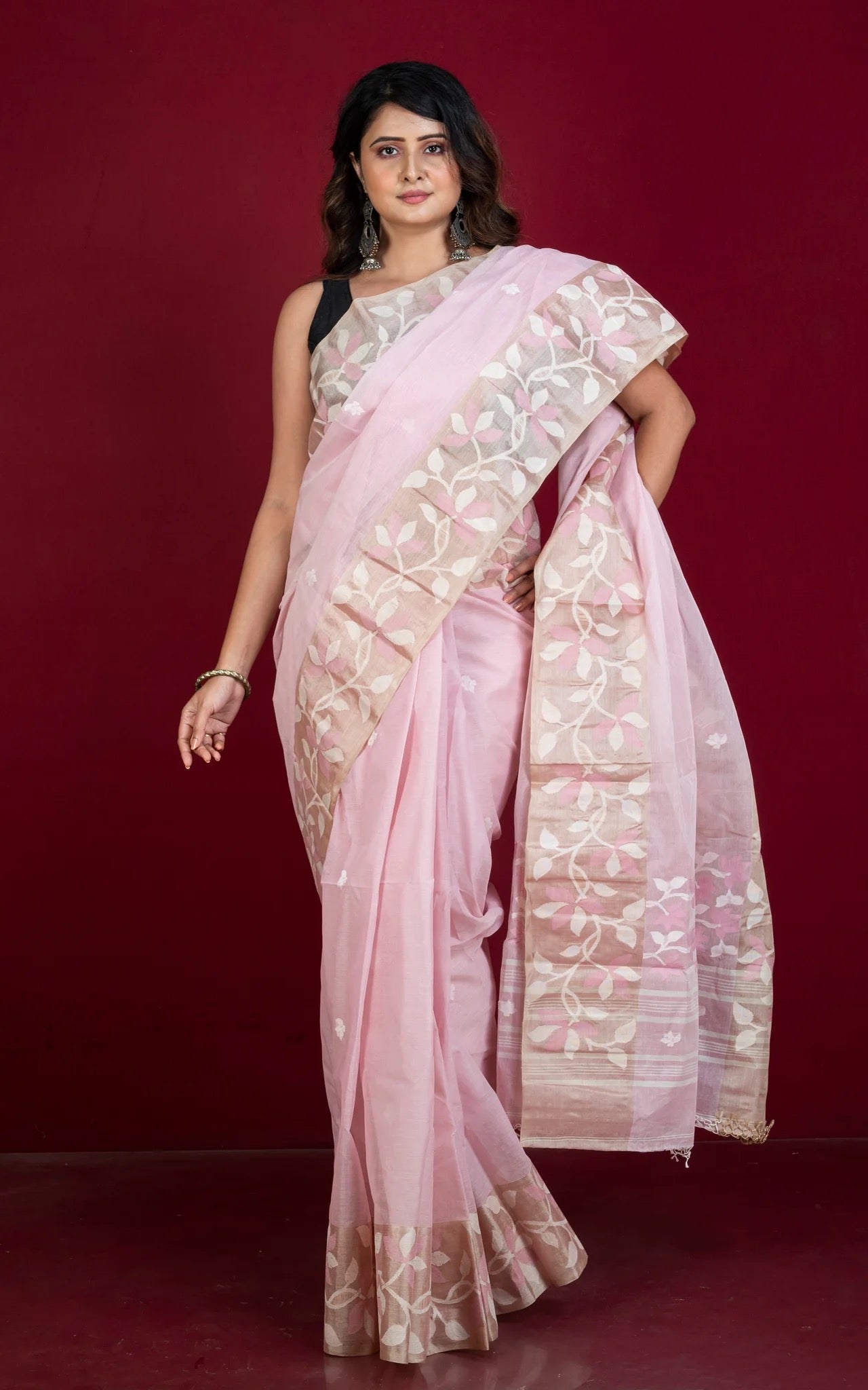 Cotton Jamdani Saree in Baby Pink with Tussar Silk Woven Lotus Border.