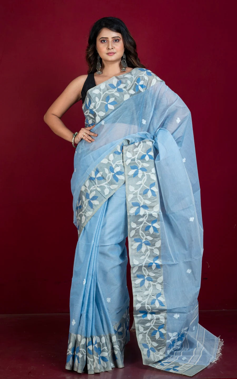 Cotton Jamdani Saree in Blue with Tussar Silk Woven Lotus Border.