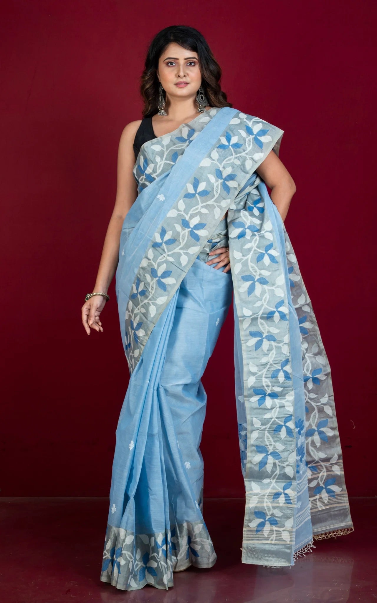 Cotton Jamdani Saree in Blue with Tussar Silk Woven Lotus Border.