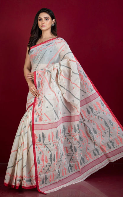 Pure Cotton Jamdani Saree in Off White, Red and Black.