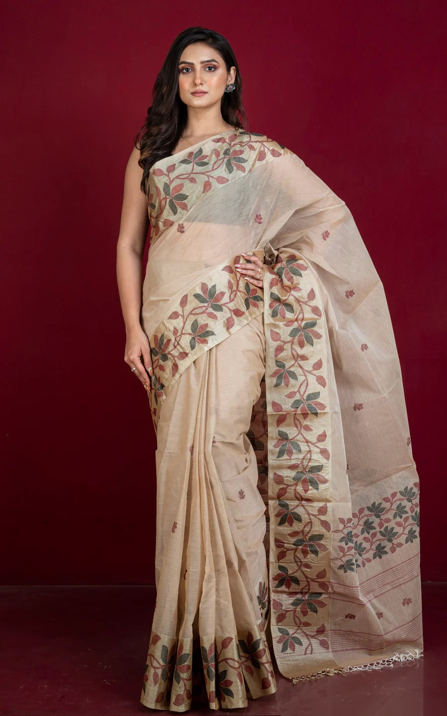 Cotton Jamdani Saree in Beige with Tussar Silk Woven Lotus Border