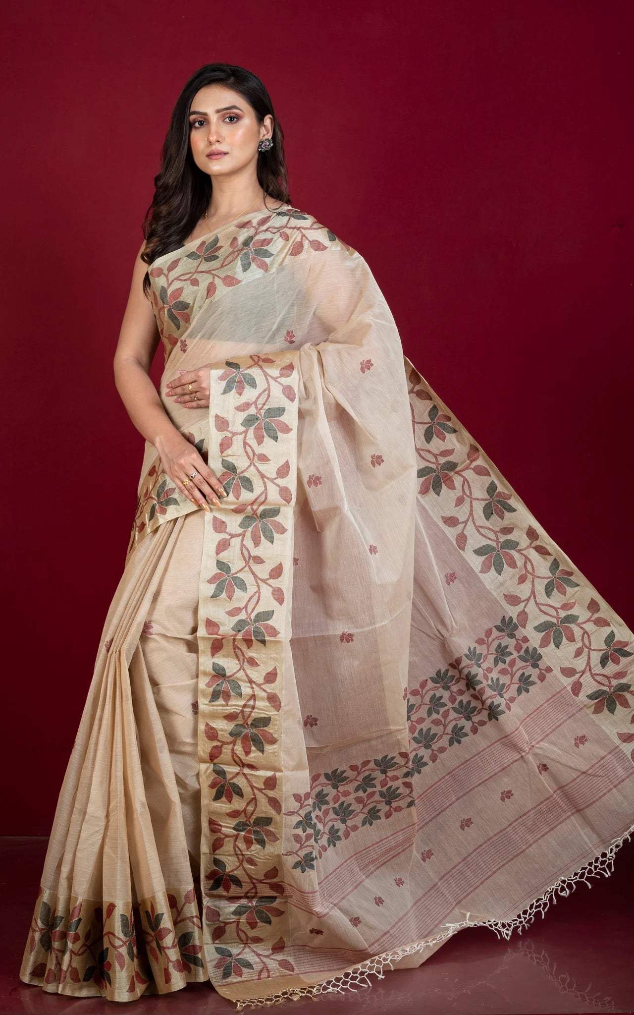 Cotton Jamdani Saree in Beige with Tussar Silk Woven Lotus Border