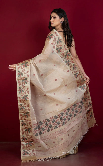 Cotton Jamdani Saree in Beige with Tussar Silk Woven Lotus Border