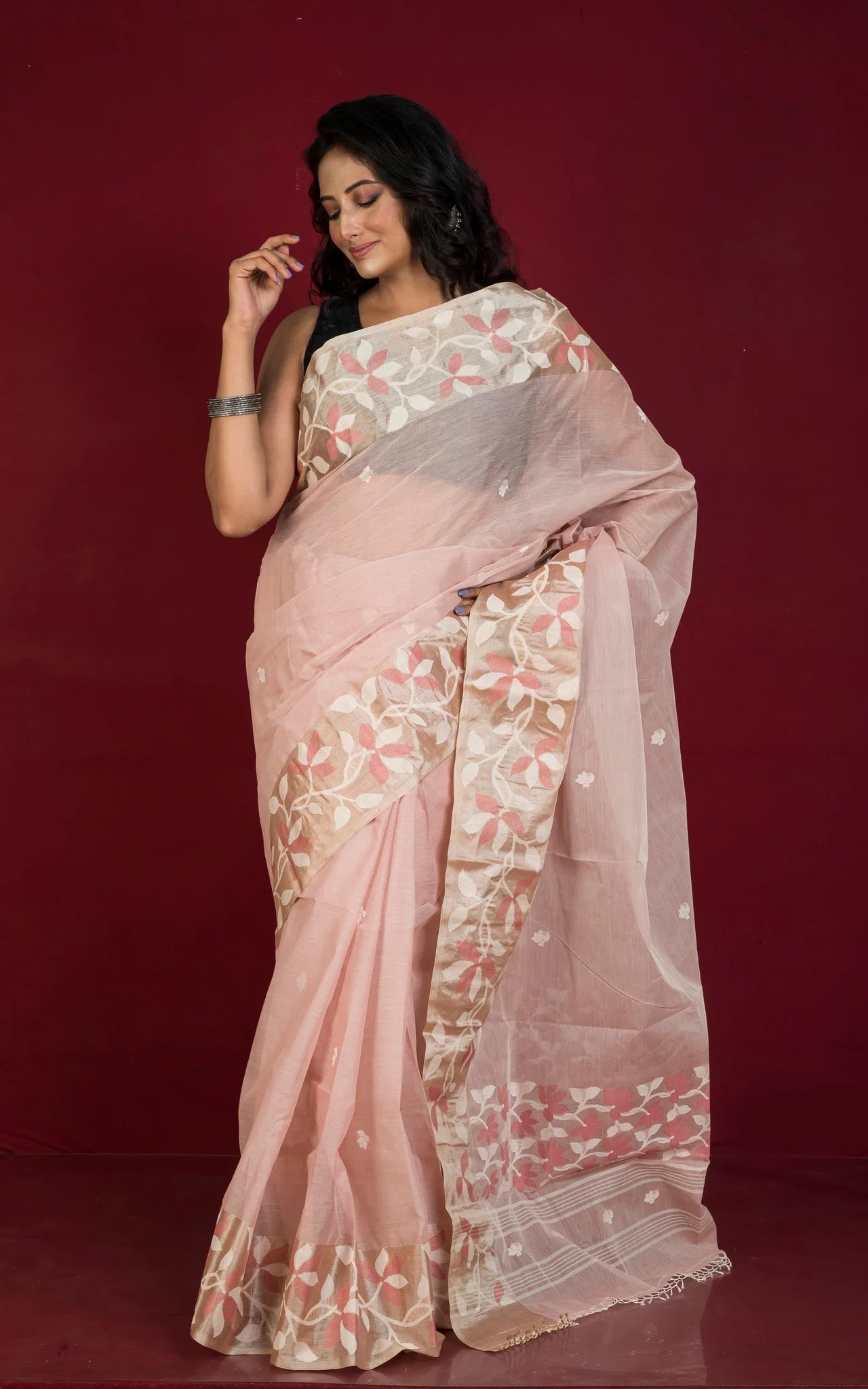 Cotton Jamdani Saree in Pale Pink with Tussar Silk Woven Lotus Border