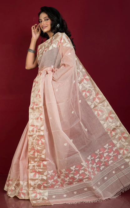 Cotton Jamdani Saree in Pale Pink with Tussar Silk Woven Lotus Border