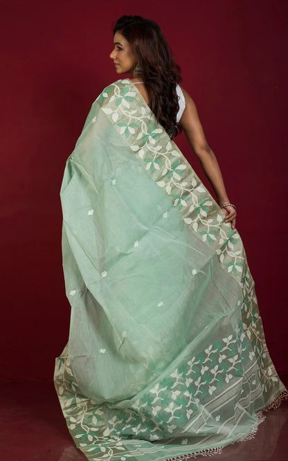 Cotton Jamdani Saree in Sea Green with Tussar Silk Woven Lotus Border.