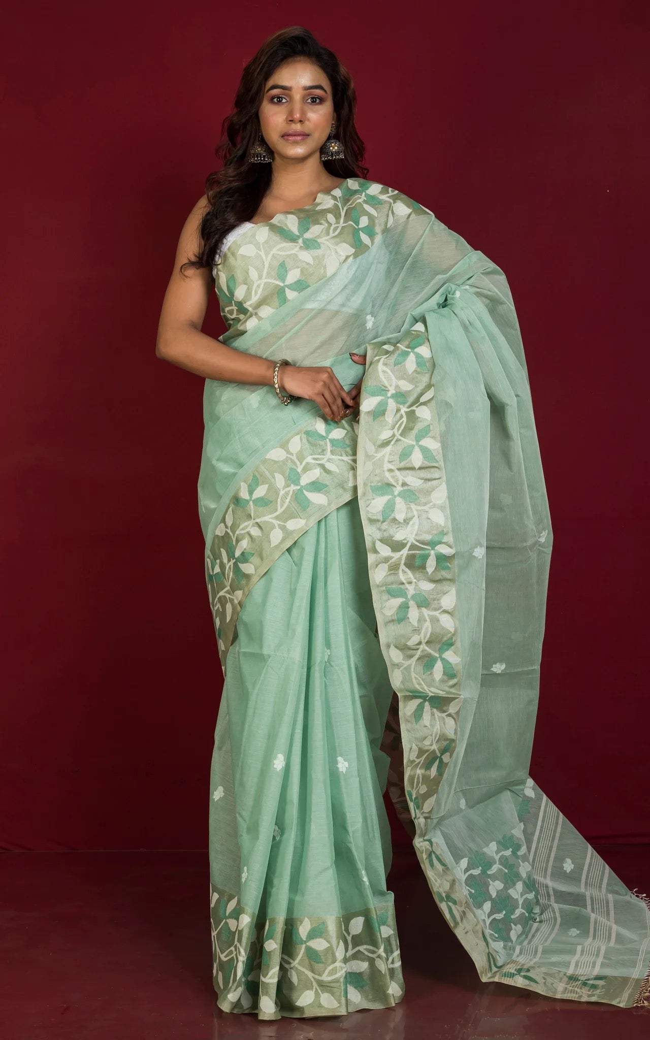 Cotton Jamdani Saree in Sea Green with Tussar Silk Woven Lotus Border.