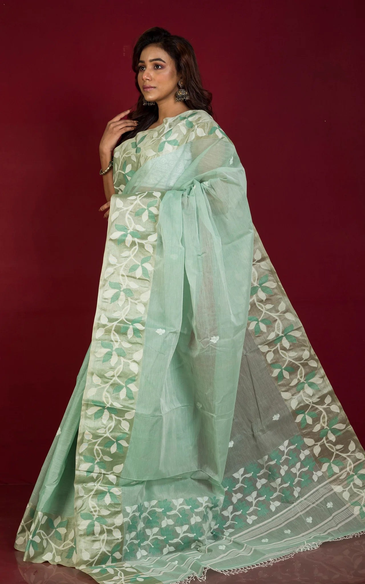 Cotton Jamdani Saree in Sea Green with Tussar Silk Woven Lotus Border.