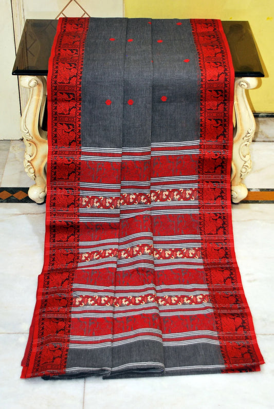 Bengal Handloom Baluchari Cotton Saree in Grey - Bengali Tant Saree.