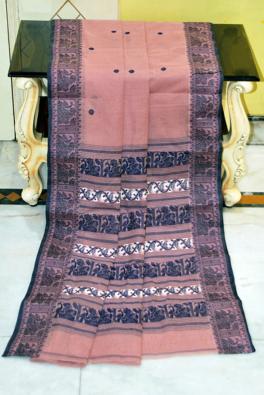 Bengal Cotton Baluchari Saree in English Pink- Bengali Tant Saree.