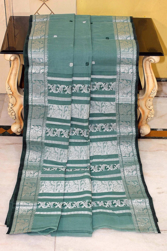 Bengal Cotton Baluchari Saree in English Green- Bengali Tant Saree.