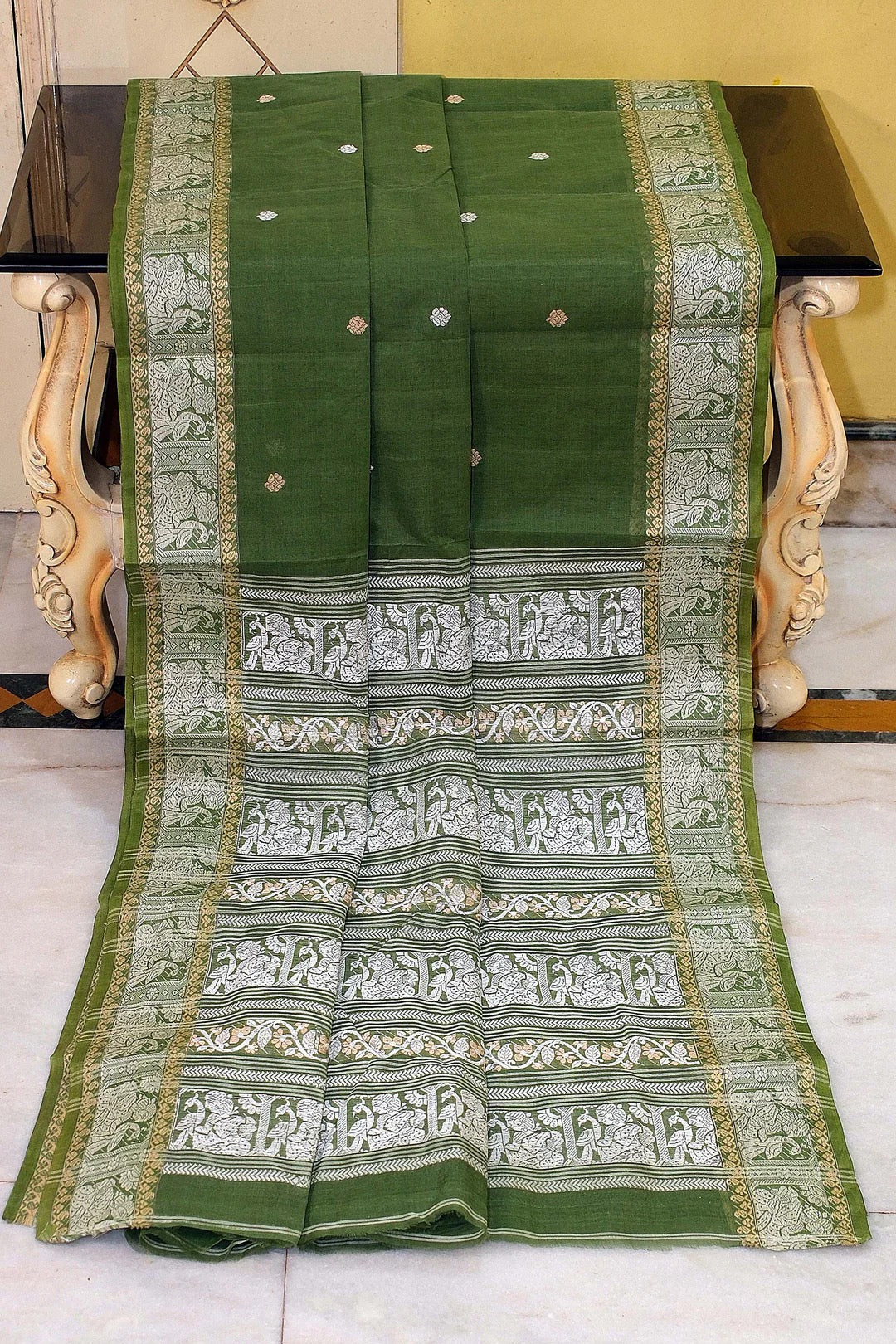 Bengal Handloom Baluchari Cotton Saree in Green - Bengali Tant Saree.