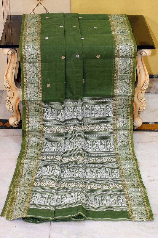 Bengal Handloom Baluchari Cotton Saree in Green - Bengali Tant Saree.