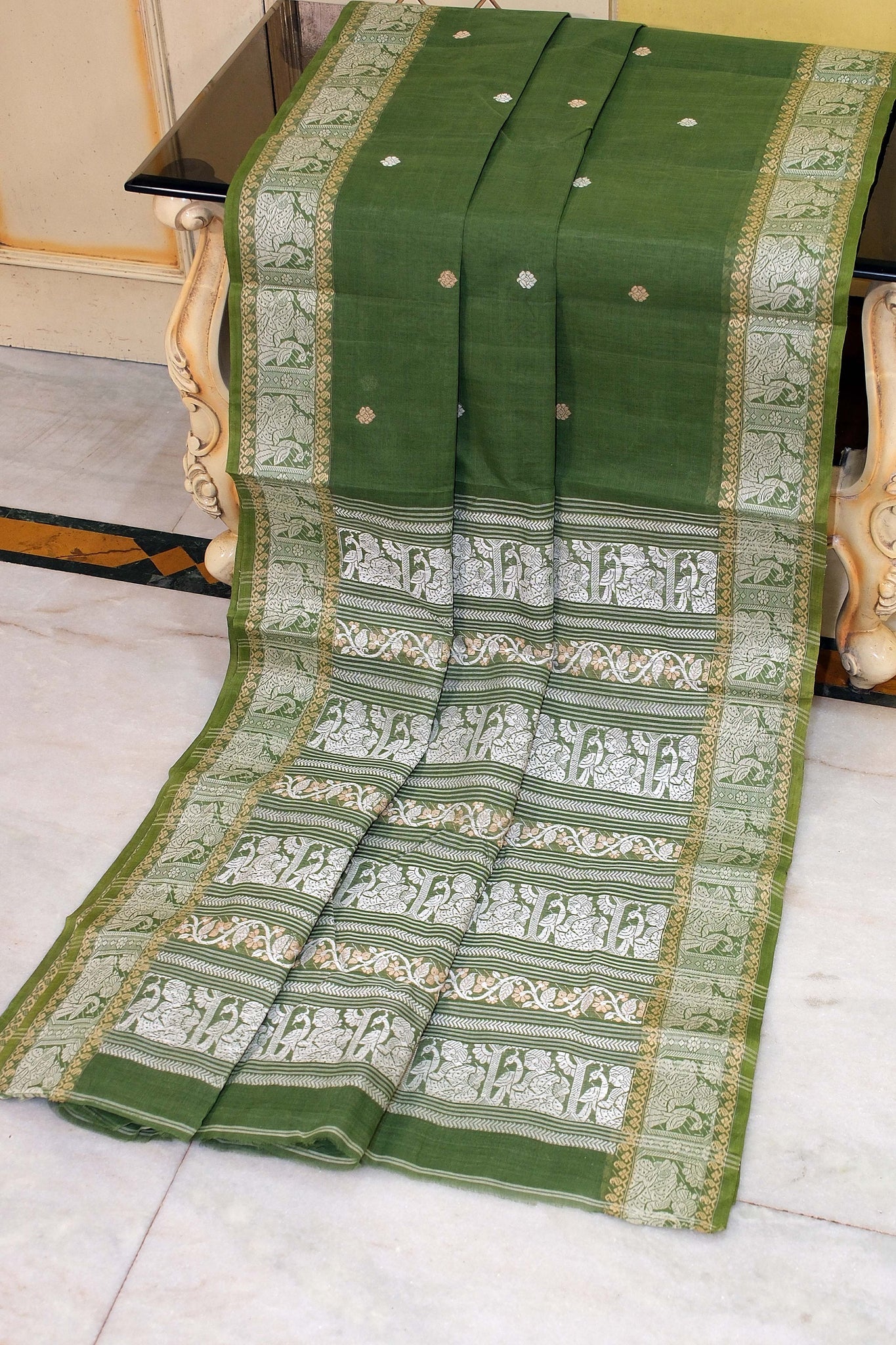 Bengal Handloom Baluchari Cotton Saree in Green - Bengali Tant Saree.