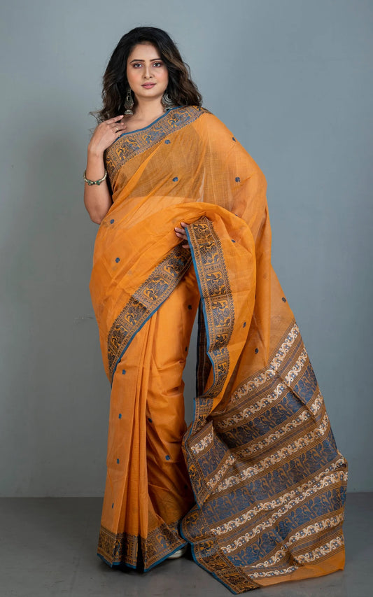 Bengal Handloom Cotton Baluchari Saree with Starch in Amber Yellow.