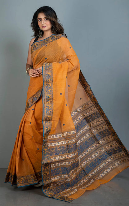 Bengal Handloom Cotton Baluchari Saree with Starch in Amber Yellow.