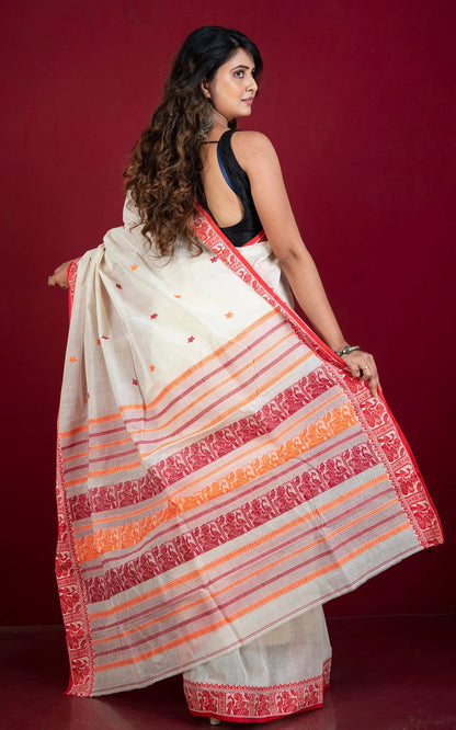 Bengal Handloom Cotton Baluchari Saree with Starch in Off White and Red.