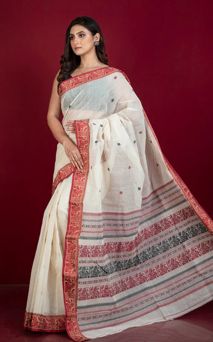 Bengal Handloom Cotton Baluchari Saree with Starch in Off White and Maroon.