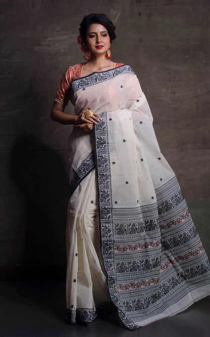 Bengal Handloom Cotton Baluchari Saree with Starch in Off White, Black and Dark Beige.