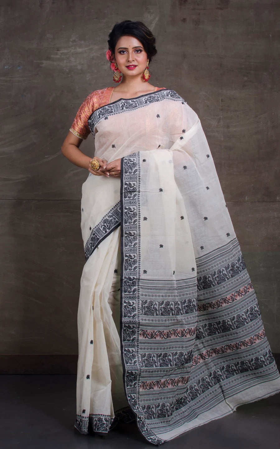 Bengal Handloom Cotton Baluchari Saree with Starch in Off White, Black and Dark Beige.