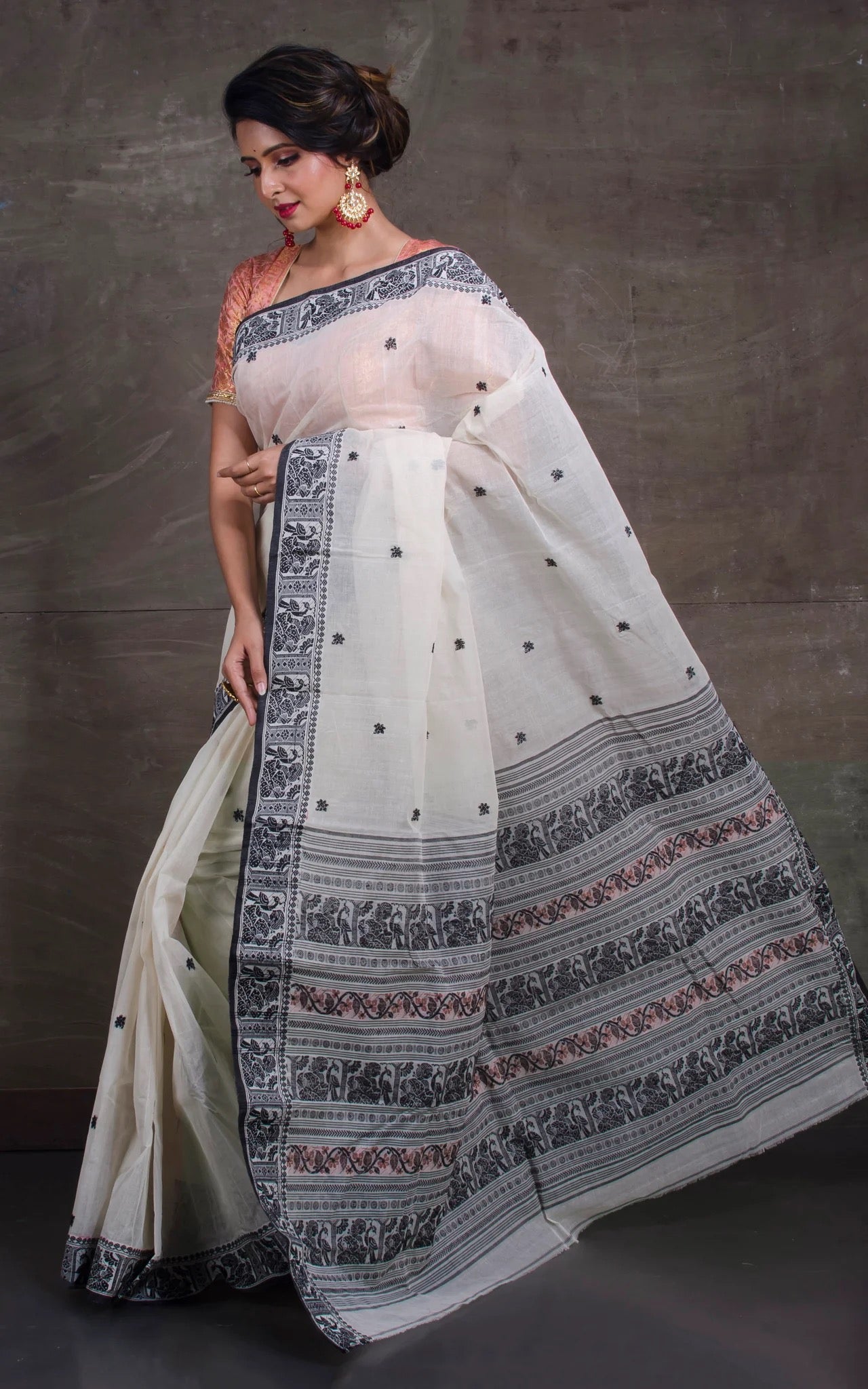 Bengal Handloom Cotton Baluchari Saree with Starch in Off White, Black and Dark Beige.