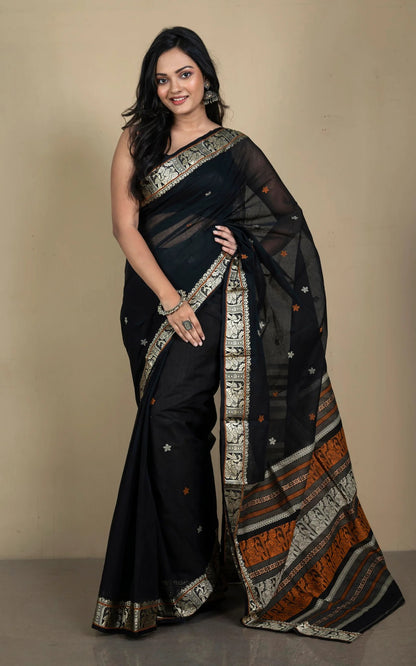 Bengal Handloom Cotton Baluchari Saree with Starch in Black, Beige and Amber Orange.