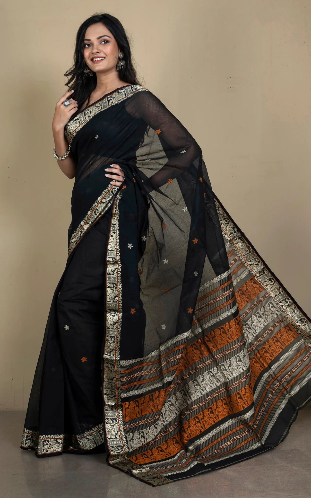 Bengal Handloom Cotton Baluchari Saree with Starch in Black, Beige and Amber Orange.