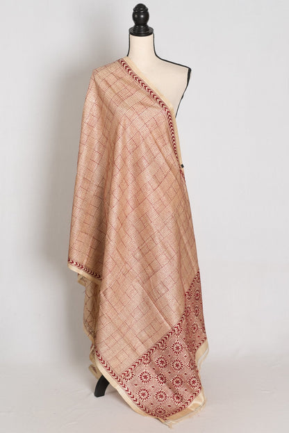 Bengal Kantha Stitch Deep Red Pure Tussar Silk Dupatta & Shawl - Rai - Saree Mandi