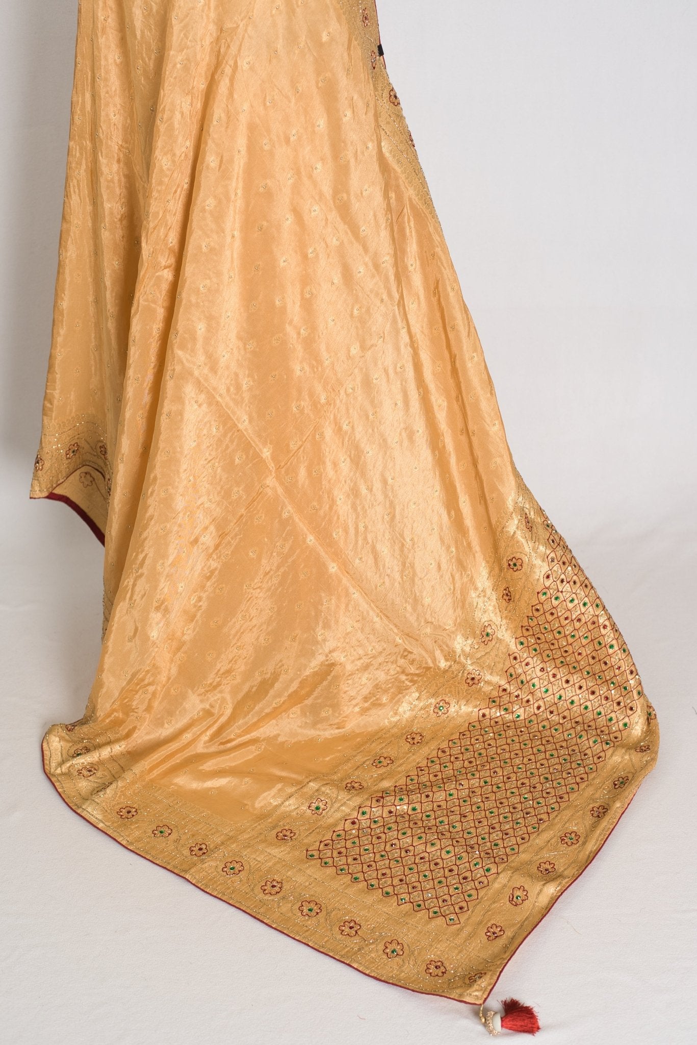 Benu : Beige and Gold Dola Silk Banarasi Saree with Hand-Embroidered Work - Saree Mandi