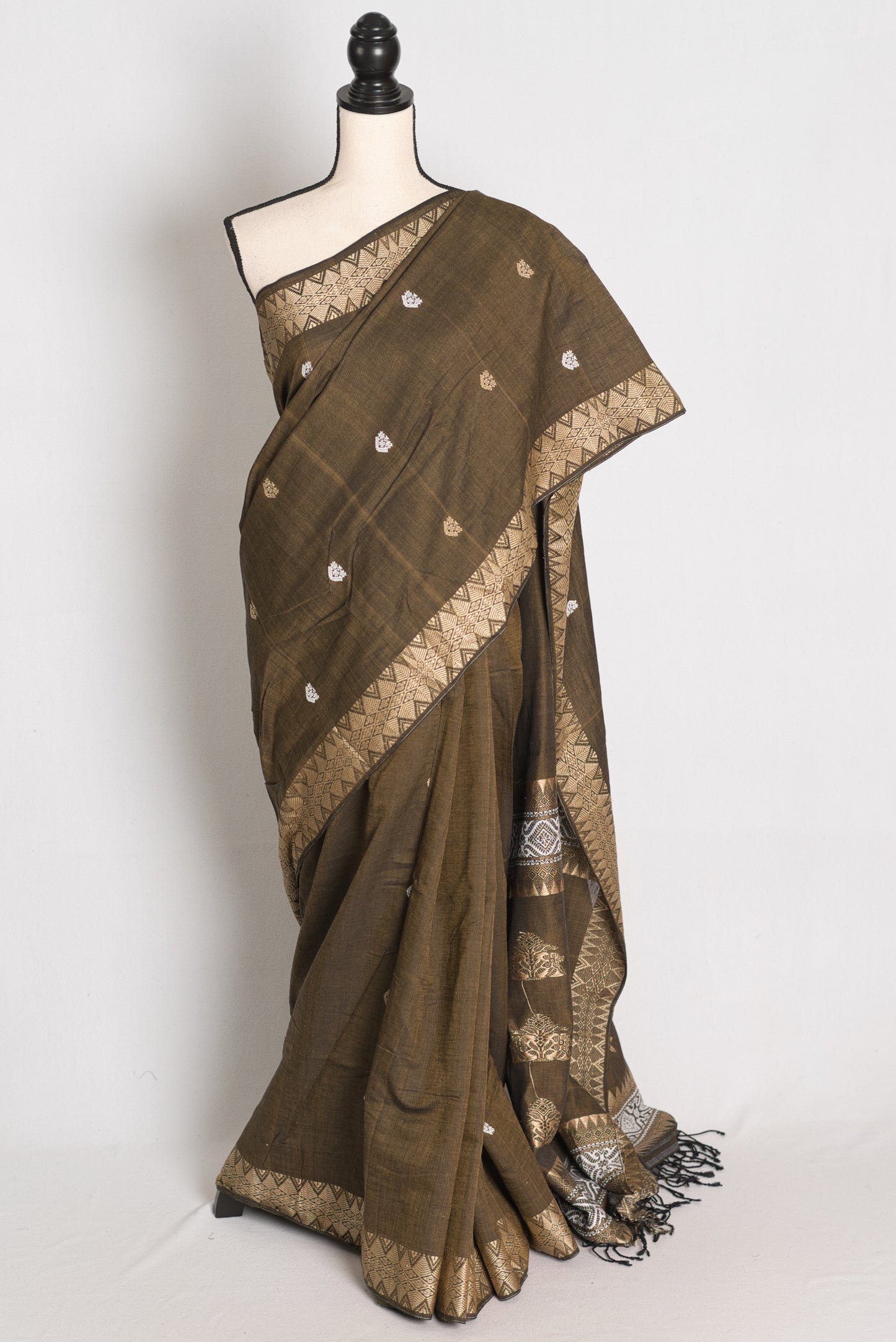 Mala : Snuff Brown Pure Cotton Assamese Handloom Saree image 0