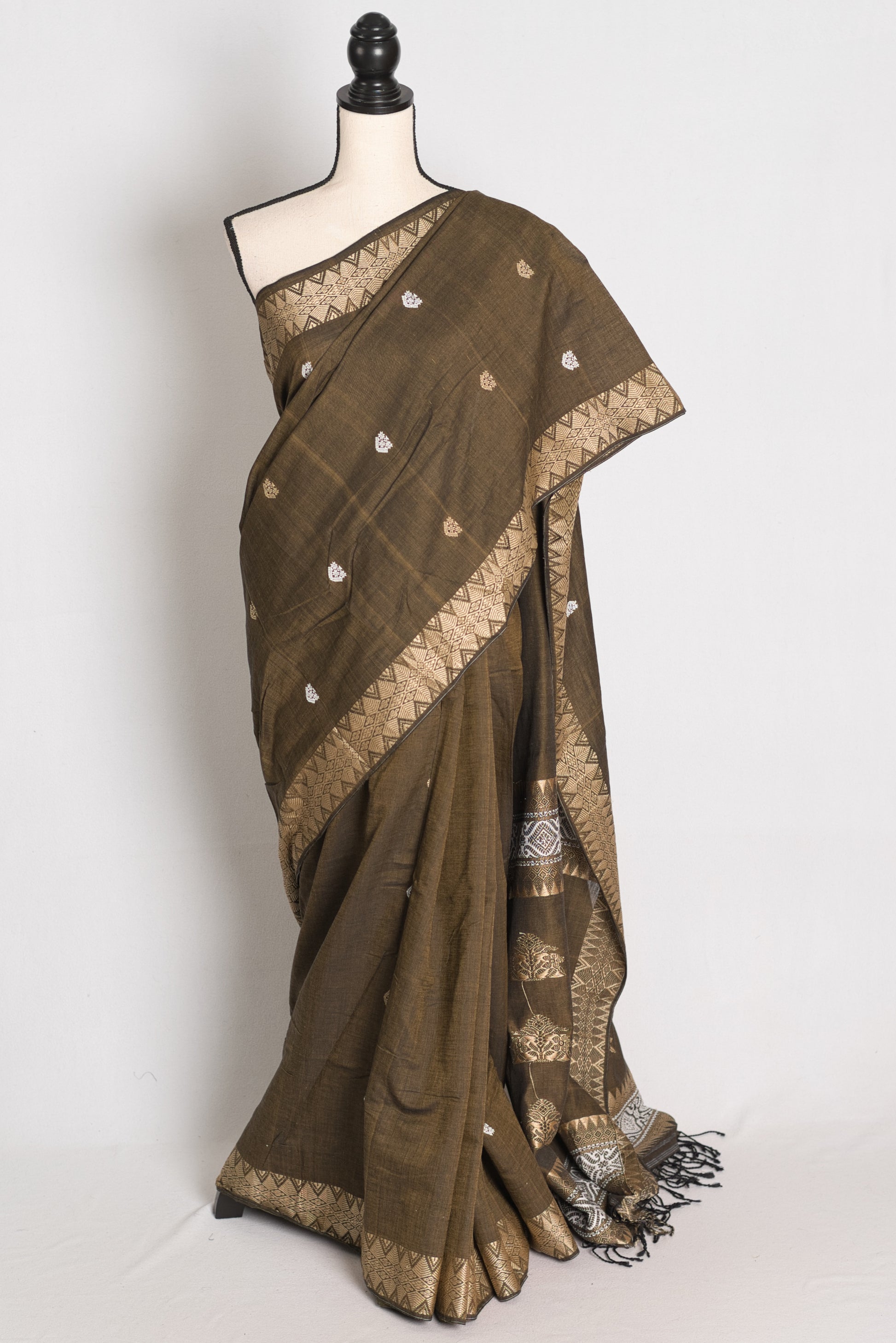 Mala : Snuff Brown Pure Cotton Assamese Handloom Saree image 0