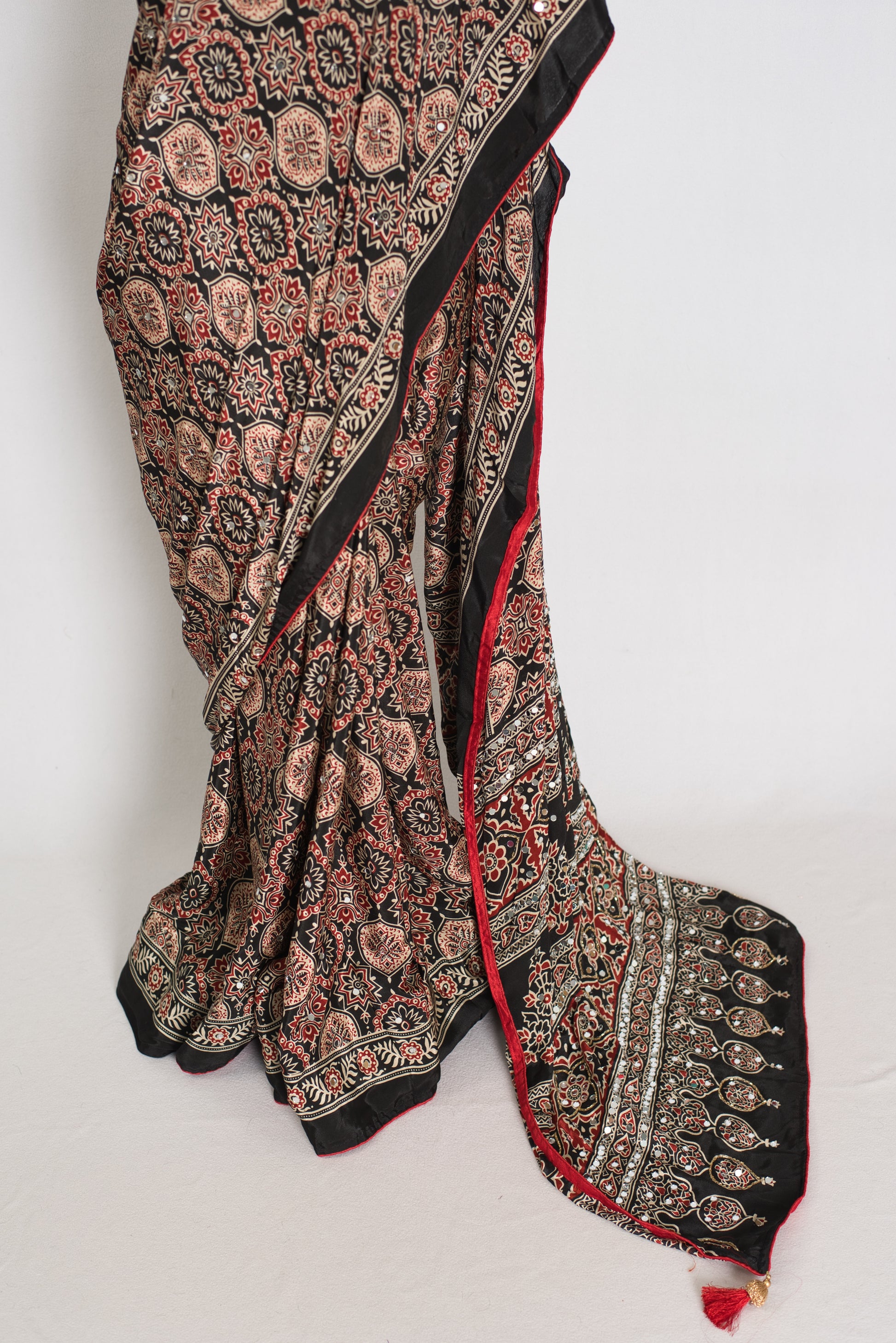 Aliya | Black Ajrakh Printed Mirror Work Saree| Bollywood Inspired Partywear image 5