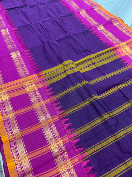 Bina : Handwoven Kanchi Cotton Saree in Purple and Rani Pink image 0