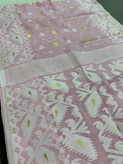 Sanchita : Baby Pink and Gold Blended Soft Cotton Jamdani Saree image 4