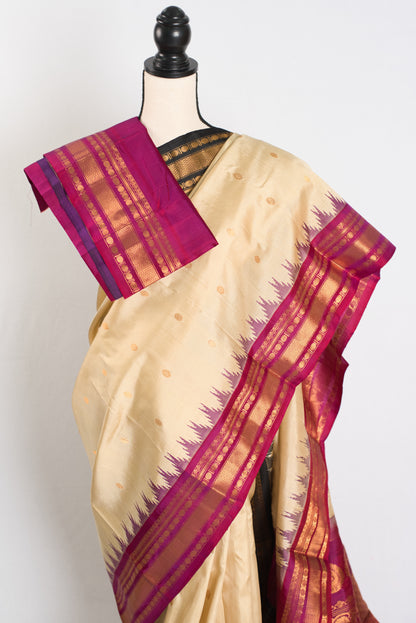 Meera : Ganga Jamuna Border Gadwal Silk Saree in Beige with Purple and Black image 2