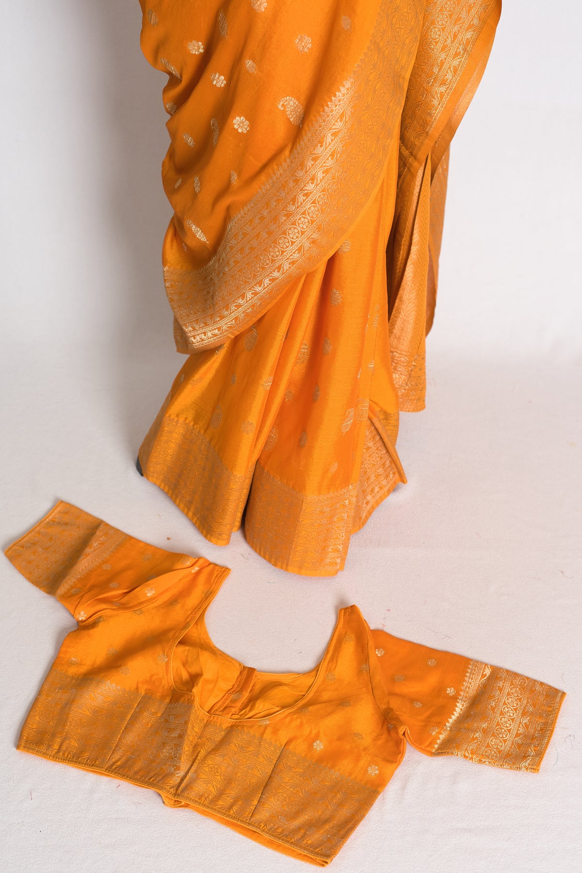 Harini: Turmeric Yellow Semi Georgette Banarasi Saree with 40 Size Blouse image 2