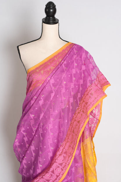 Purple and Yellow Jamdani saree — drape view