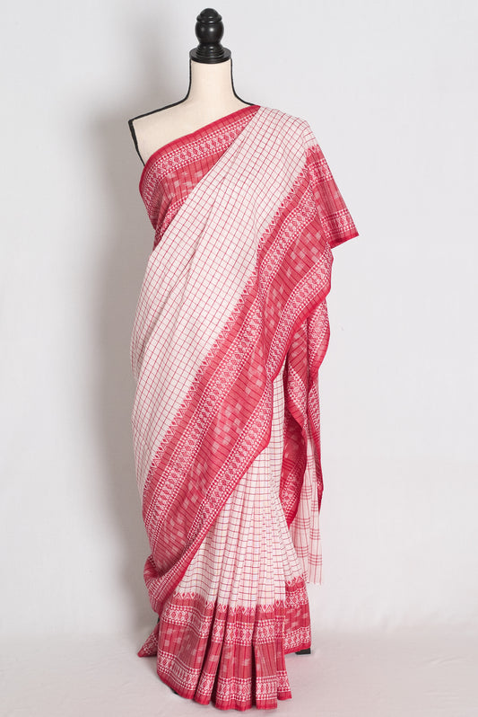 Bhumi: White and Red Kotki Border Checks Soft Cotton Dhaniakhali Saree image 0