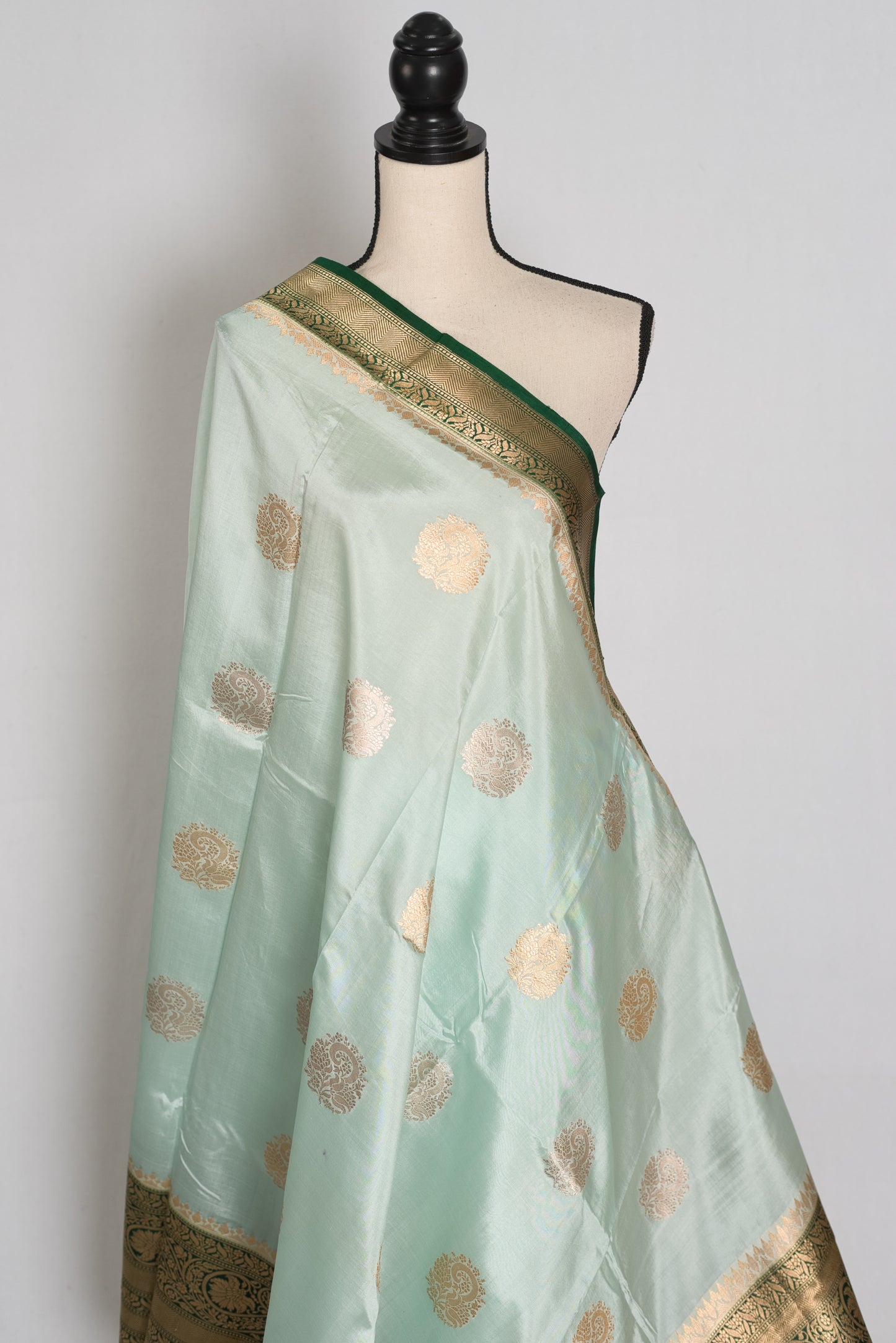 Anisha : Mint Green and Bottle Green Satin Pure Silk Banarasi Saree | Silk Mark image 4