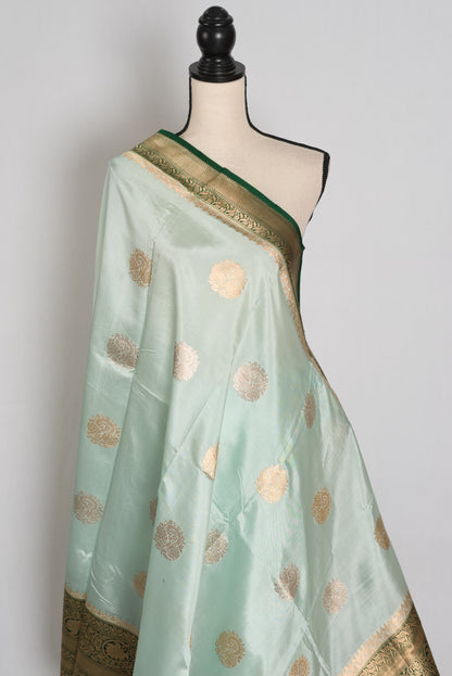 Anisha : Mint Green and Bottle Green Satin Pure Silk Banarasi Saree | Silk Mark image 4