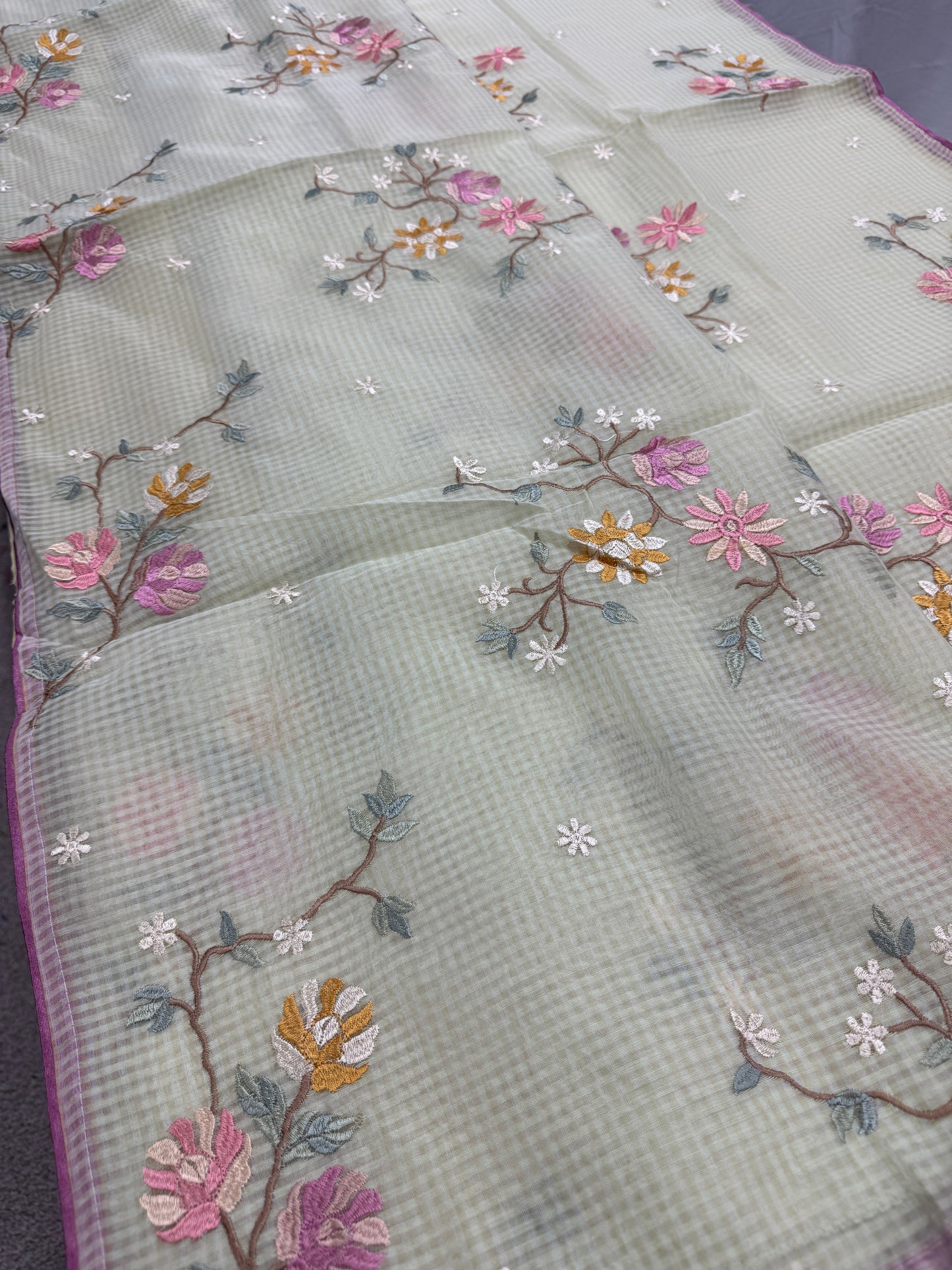 Ragini | Sea Green & Pink Floral Embroidery Blended Cotton Kota Saree image 5
