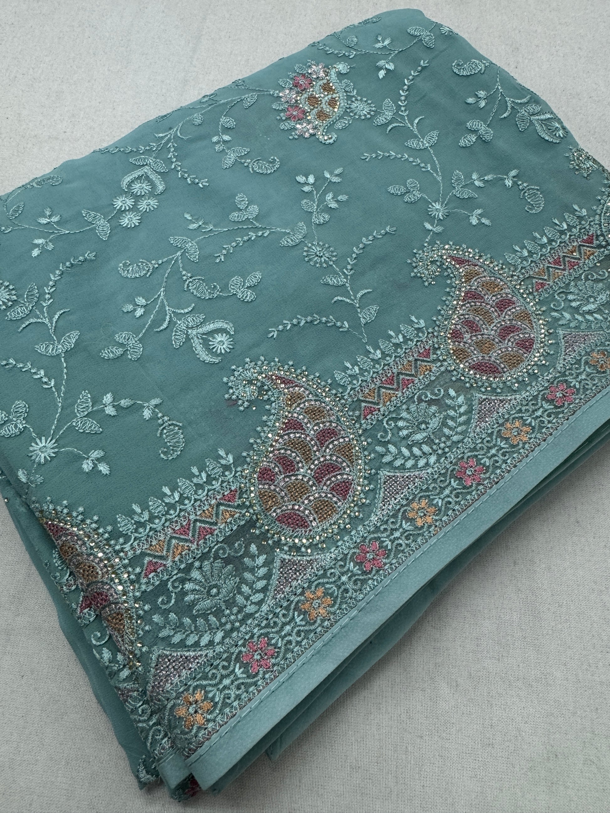 Sudha | Soft Blue Georgette Partywear Saree | Soothing Pastel Floral Embroidery image 0