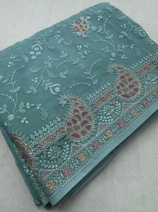 Sudha | Soft Blue Georgette Partywear Saree | Soothing Pastel Floral Embroidery image 0