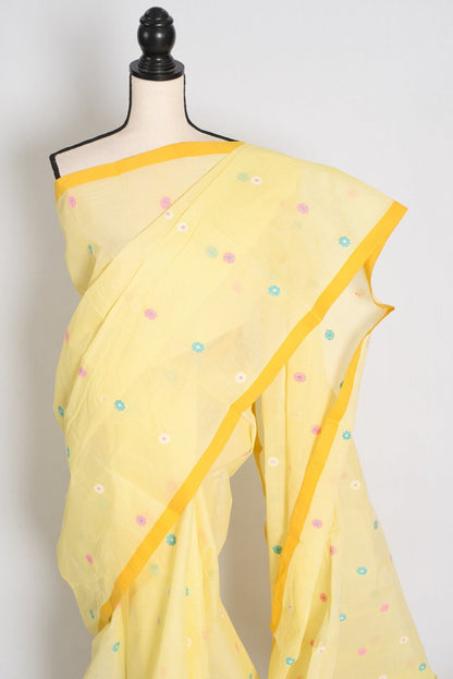 Bhumi: Light Yellow Pure Bengal Cotton Jamdani Saree - Handloom Tant - Saree Mandi